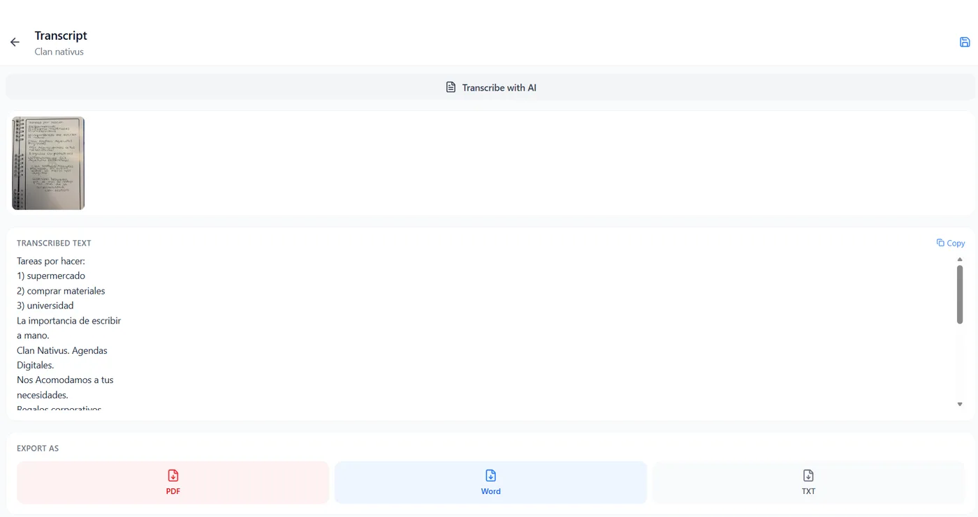 AI transcription with PDF/Word/TXT export